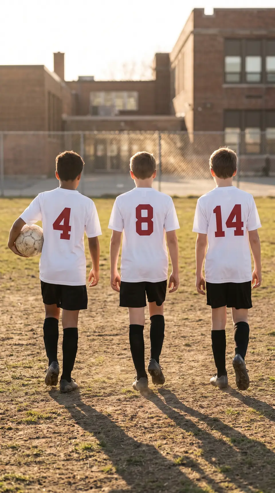 Three players seen from behind in white jerseys with crimson numbers 4, 8 and 14, walking toward a Brooklyn school at golden hour