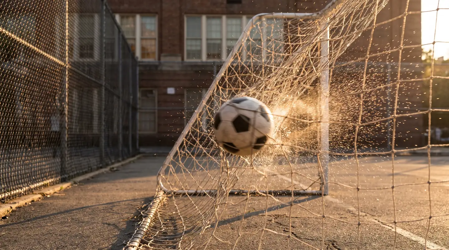 A ball hitting the back of the net on a Brooklyn schoolyard pitch