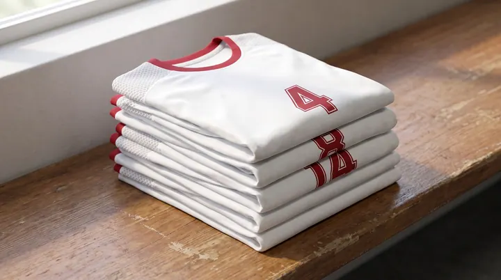 Folded white jerseys with crimson numbers on a locker-room bench